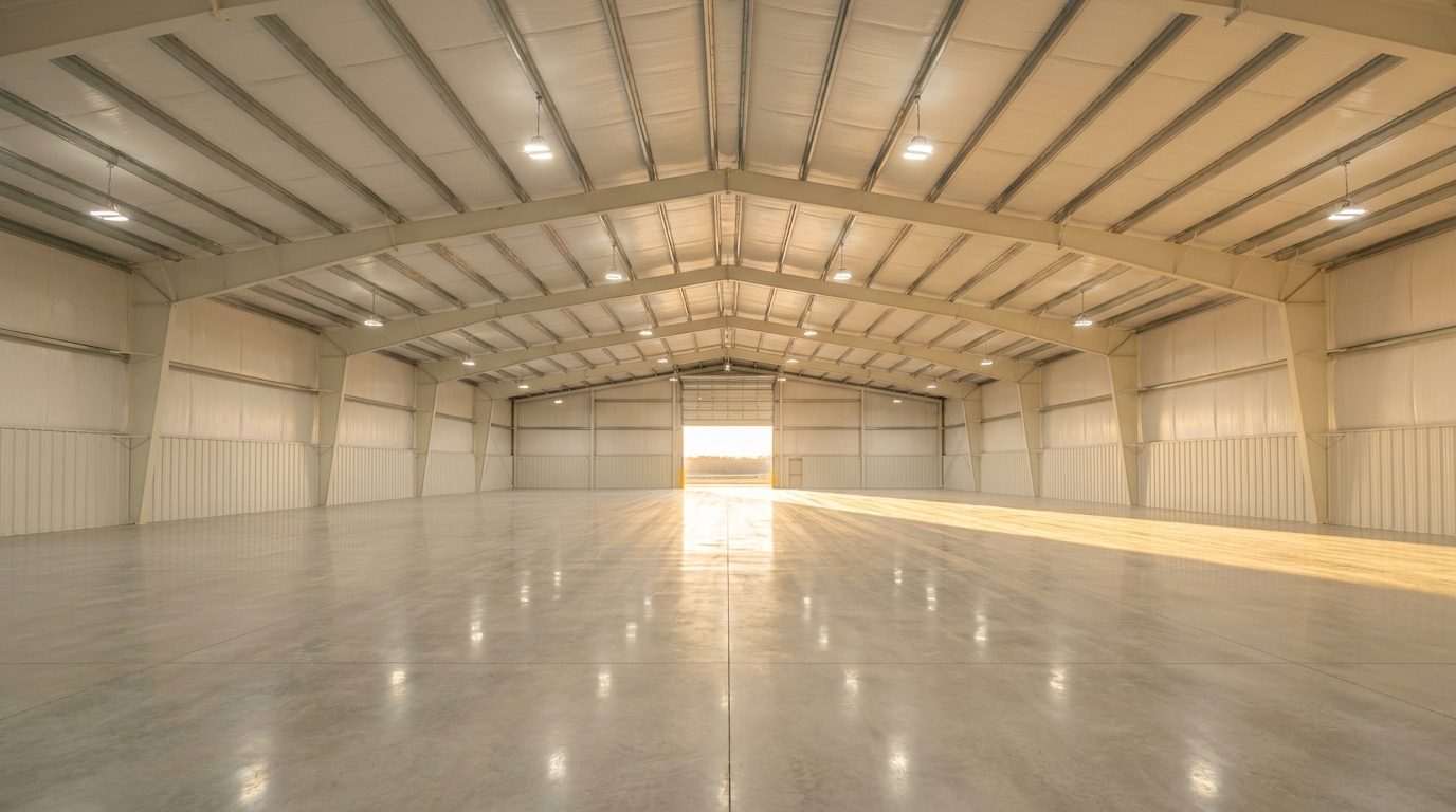 Interior of a Ramara Industrial Park unit — column-free open-span steel structure with 28-foot clear ceilings at peak and polished concrete floor