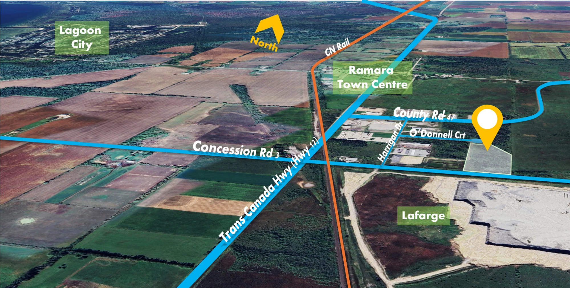 Aerial map of Ramara Industrial Park showing the site relative to Lagoon City, Ramara Town Centre, Concession Road 3, and Highway 12