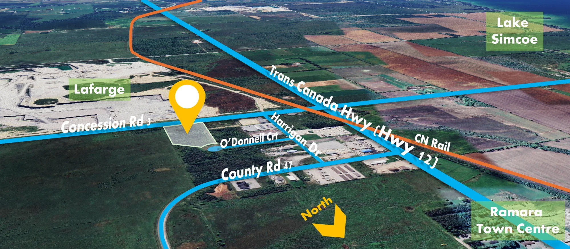 Aerial map of Ramara Industrial Park at 337 O'Donnell Court showing Highway 12 (Trans-Canada), CN Rail, County Road 47, Lafarge, and Lake Simcoe