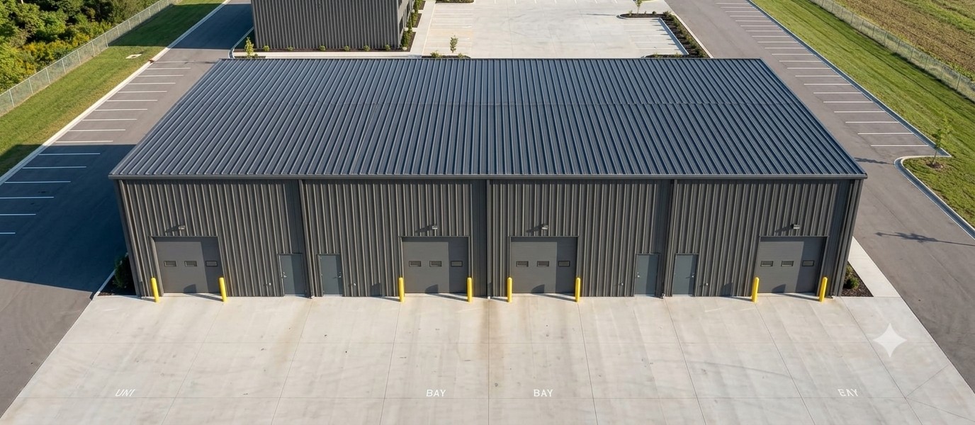 Aerial view of Ramara Industrial Park industrial units with grade-level loading bays, Brechin Simcoe County Ontario